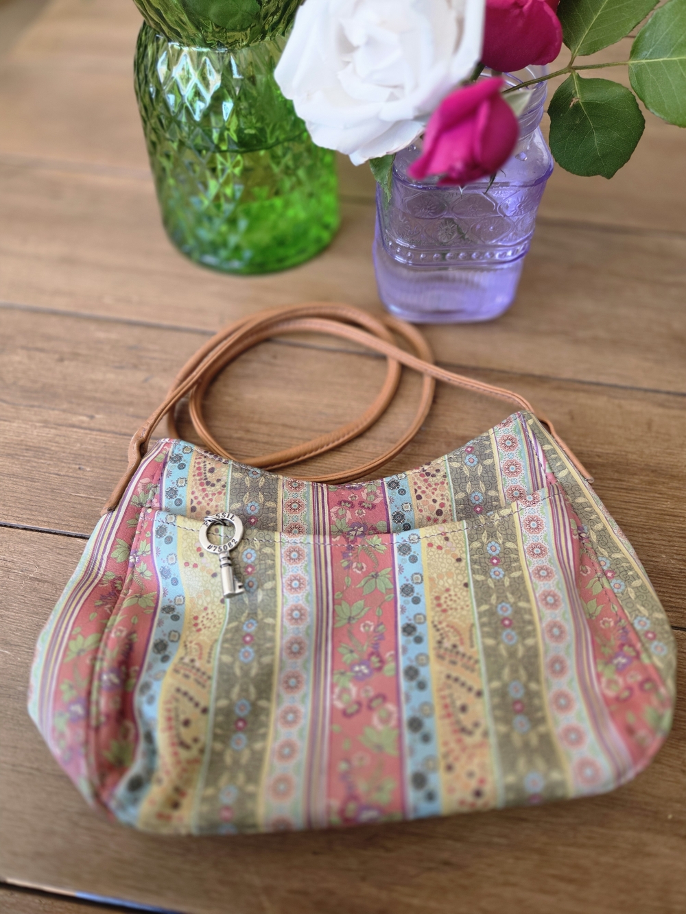 Fossil Multicolor Striped Floral Crossbody with Tan Strap